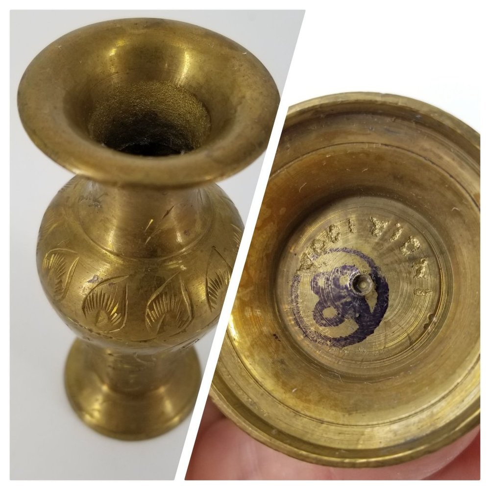 Vintage Brass Vase Flower Floral Three Etched India Home Decor 11.50" to 4.50" - Picture 6 of 11